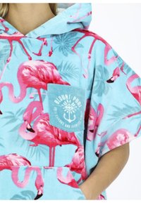 Blue hooded poncho featuring pink flamingo and palm leaf pattern, soft terry texture, and a front pocket with logo detail.