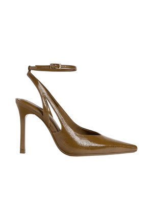Brown patent leather high-heel slingback shoe, featuring a pointed toe, ankle strap with buckle, and textured surface.