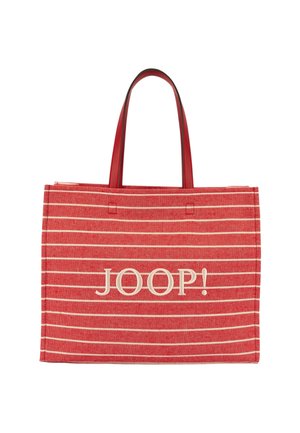 Torba typu tote w czerwono-białe paski, z dwoma uchwytami i słowem "JOOP!" wydrukowanym dużymi białymi literami z przodu.
