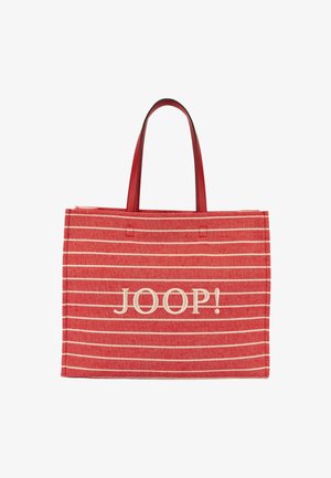 Torba typu tote w czerwono-białe paski, z dwoma uchwytami i słowem "JOOP!" wydrukowanym dużymi białymi literami z przodu.