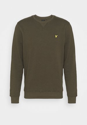 Olijfgroene sweatshirt, ronde hals, lange mouwen, geribbelde manchetten en onderrand, met een klein geel logo op de linkerkant van de borst. Zacht, katoenen mixmateriaal.