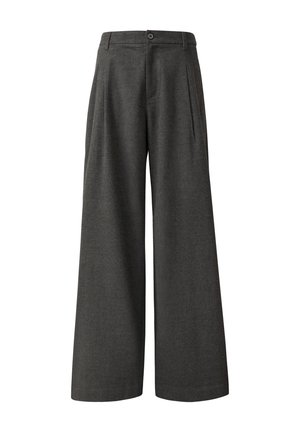 Pantalons à large jambe en tissu gris foncé, dotés de plis, d'une taille avec un bouton et d'une texture lisse.