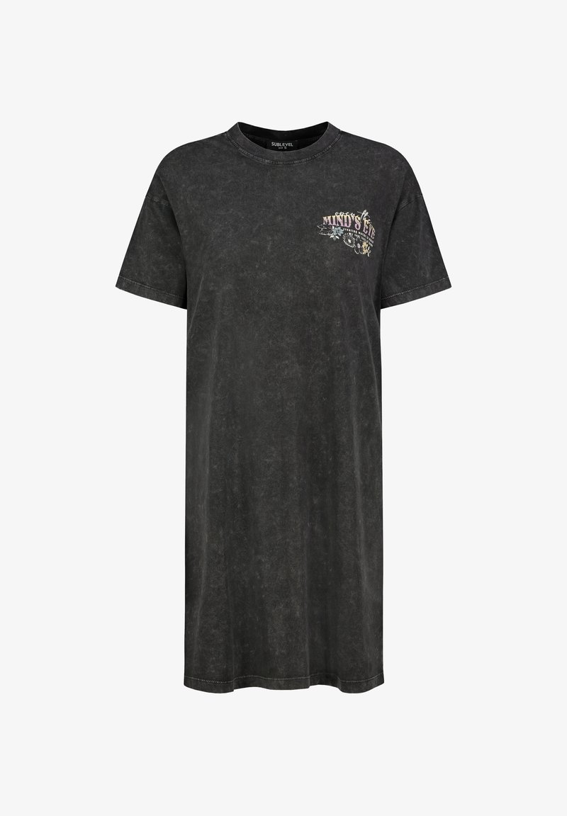Black, oversized T-shirt dress in a washed texture, featuring short sleeves and a chest graphic design. Crew neckline, casual shape.