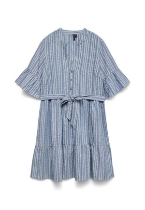 Rochie scurtă în dungi verticale alb-albastru, cu nasturi, cordon în talie, mâneci evazate și tiv cu volane.