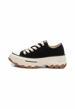 Zapatillas de lona negras con cordones beige y puntera de goma. Presentan una suela gruesa con un patrón texturizado y una línea de acento negra.