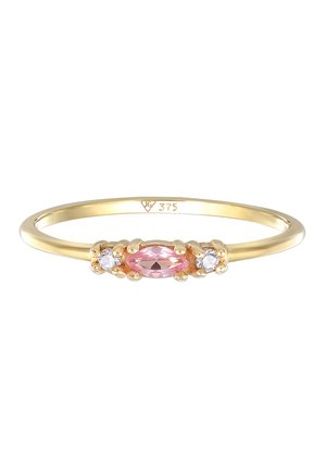 Bague en or avec une pierre précieuse rose en forme de marquise, flanquée de deux petites pierres claires, avec un anneau lisse et délicat. Marquée "375".