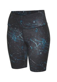 Schwarze, hoch taillierte kurze Leggings mit blauem Marmormuster, aus dehnbarem Stoff gefertigt, mit flachen Nähten und glatter Oberfläche.