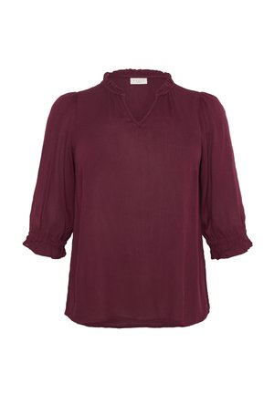 Blusa bordeaux con scollatura a V, dettagli arricciati a volant e maniche a tre quarti a sbuffo con polsini elastici, realizzata in un tessuto leggero.