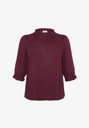 Bordo palaidinė su V formos iškirpte, susiūta ruffle detalėmis ir trijų ketvirčių pūstomis rankovėmis su elastinėmis apyrankėmis, pagaminta iš lengvos medžiagos.