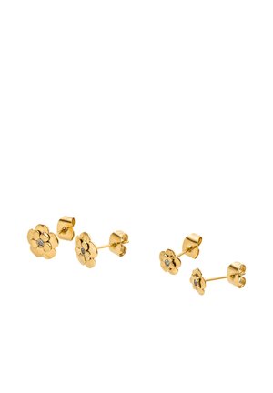 Zwei Paar goldene Ohrstecker in Blumenform, jeweils mit einem kleinen zentralen Edelstein, auf weißem Hintergrund dargestellt.