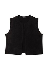 Schwarze ärmellose Weste aus strukturiertem Strickstoff, mit rundem Halsausschnitt und offenem Frontdesign ohne Verschlüsse.