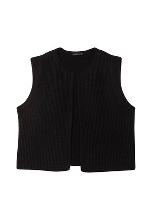 Schwarze ärmellose Weste aus strukturiertem Strickstoff, mit rundem Halsausschnitt und offenem Frontdesign ohne Verschlüsse.