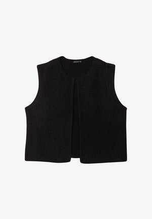 Zwarte mouwloze vest gemaakt van gestructureerd breiwerk, met een ronde halslijn en een open voorkantontwerp zonder sluitingen.