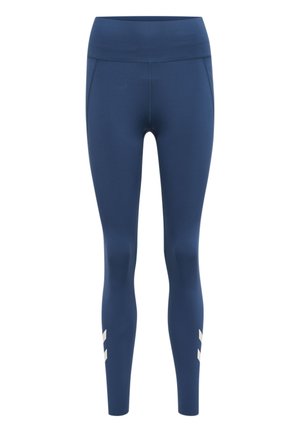 Marineblauwe hoge taille legging gemaakt van een soepele, rekbare stof. Met een zijzak en witte accentstrepen nabij de zoom.