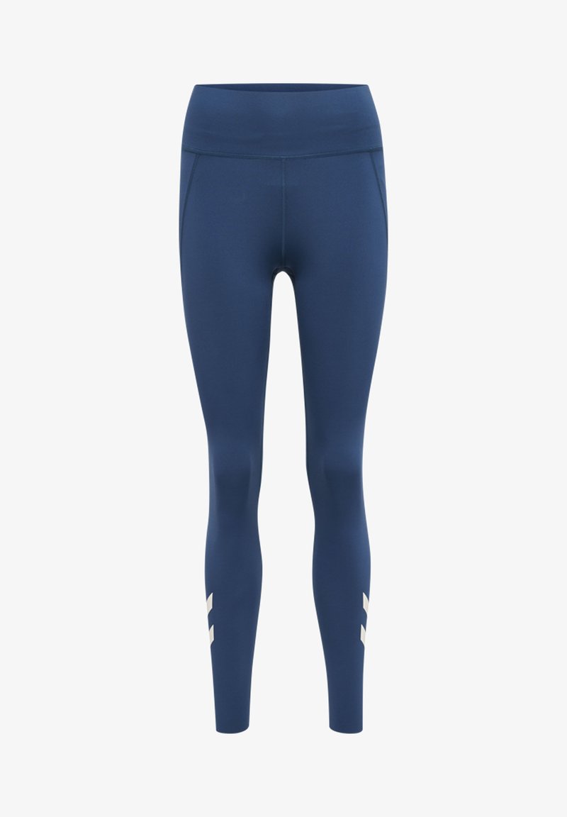 Granatowe legginsy z wysokim stanem, wykonane z gładkiego, elastycznego materiału. Posiadają boczną kieszeń oraz białe akcenty w postaci pasków przy dolnej krawędzi.