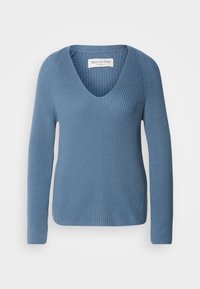 Pull bleu à manches longues en tricot avec col en V et texture côtelée, présenté sur un fond blanc uni.