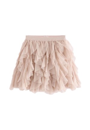 Fustă din tull roz pal, cu volane stratificate, talie elastică și accente subtile de sclipici, creând un aspect texturat și voluminos.