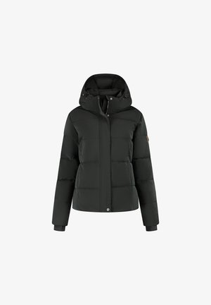 Black quilted puffer jacket with hood, front zipper covered by snap-button flap, and ribbed cuffs.