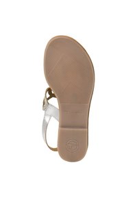Sølv sandal med en struktureret gummisål, justerbare remme og dekorative accenter. Flad design med en glat overflade. Størrelse 37.