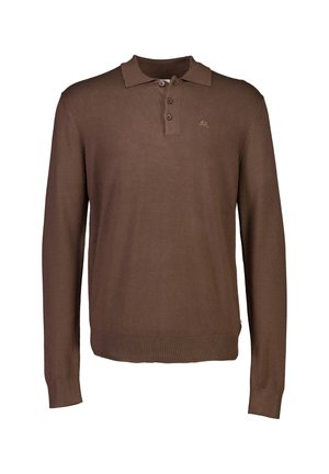 Bruine longsleeve polo met een kraag, drie knopen, geribde manchetten en zoom, met een klein logo op de linkerborst.
