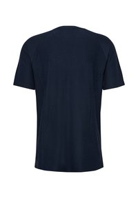 T-shirt a maniche corte blu navy con collo tondo. Realizzato in tessuto leggero con una texture liscia, con maniche raglan.