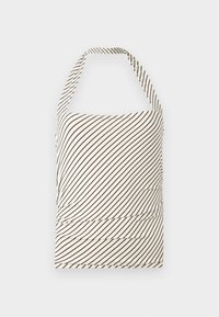 Strapless top made of fabric with a light cream base and dark brown diagonal stripes. Features ruching at the waist and halter neck.