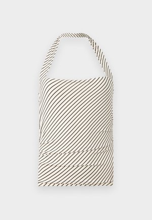 Strapless topp laget av stoff med en lys kremfarge som base og mørkebrune diagonale striper. Har rynking i midjen og halterneck.