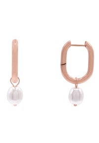 Ohrringe in Roségold mit einer Perle als Tropfen. Ein Ohrring ist langgestreckt mit einer einzelnen Perle, während der andere ein rundes Design hat.