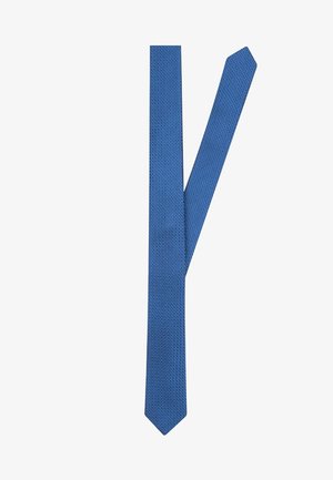 Blue textured tie with a narrow end and wider blade, featuring a woven pattern and smooth fabric finish.