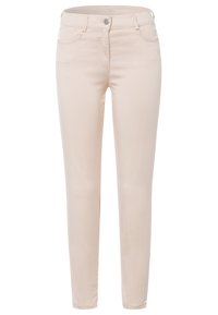 Béžové slim-fit džíny vyrobené z elastické bavlny, s pěti kapsami, zapínáním na zip a knoflík, a jemnými švy.