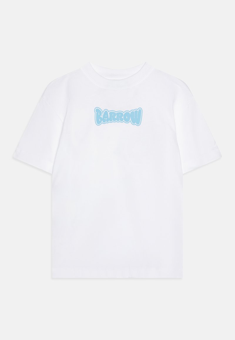 Camiseta blanca de algodón con mangas cortas, que presenta un logo "BARROW" en azul claro con una fuente redondeada y divertida en la parte delantera.