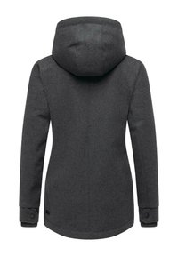 Tummanharmaa naisten huppari, jossa on pitkät hihat, napitettavat hihansuut ja hieman kaareva helma nähtynä takaa.