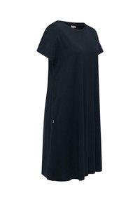 Robe noire ample à manches courtes, longueur genou, avec un col rond, présentée sur un fond blanc.