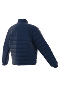Marineblauen gepolsterten Jacke mit hohem Kragen, die horizontal gesteppten Abschnitte, lange Ärmel und elastische Bündchen für eine enge Passform aufweist.