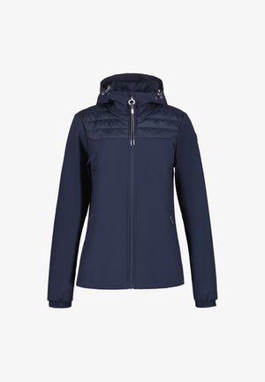 Mörkblå jacka med huva, med ett vadderat övre parti, frontdragkedja och två sidofickor med dragkedjestängning. Lättviktsmaterial.