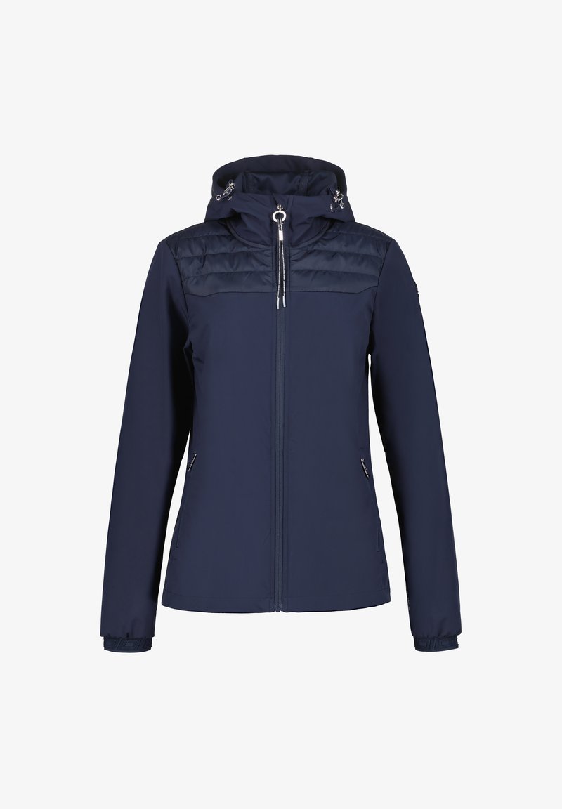 Veste bleu marine avec capuche, dotée d'une partie supérieure matelassée, d'une fermeture éclair à l'avant et de deux poches latérales à fermetures éclair. Tissu léger.