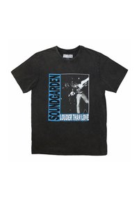 Black cotton t-shirt featuring a graphic print of a musician with the text "SOUNDGARDEN LOUDER THAN LOVE" in blue. Standard crew neckline.