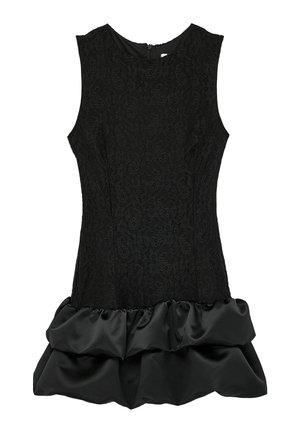 Ærmeløs sort cocktailkjole med blondetop og flæset satinbund, tætsiddende silhuet, lynlås bagpå.