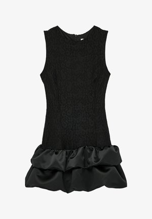 Ärmelloses schwarzes Cocktailkleid mit Spitzenoberteil und gerafftem Satinabschluss, figurbetonte Silhouette, Reißverschluss hinten.