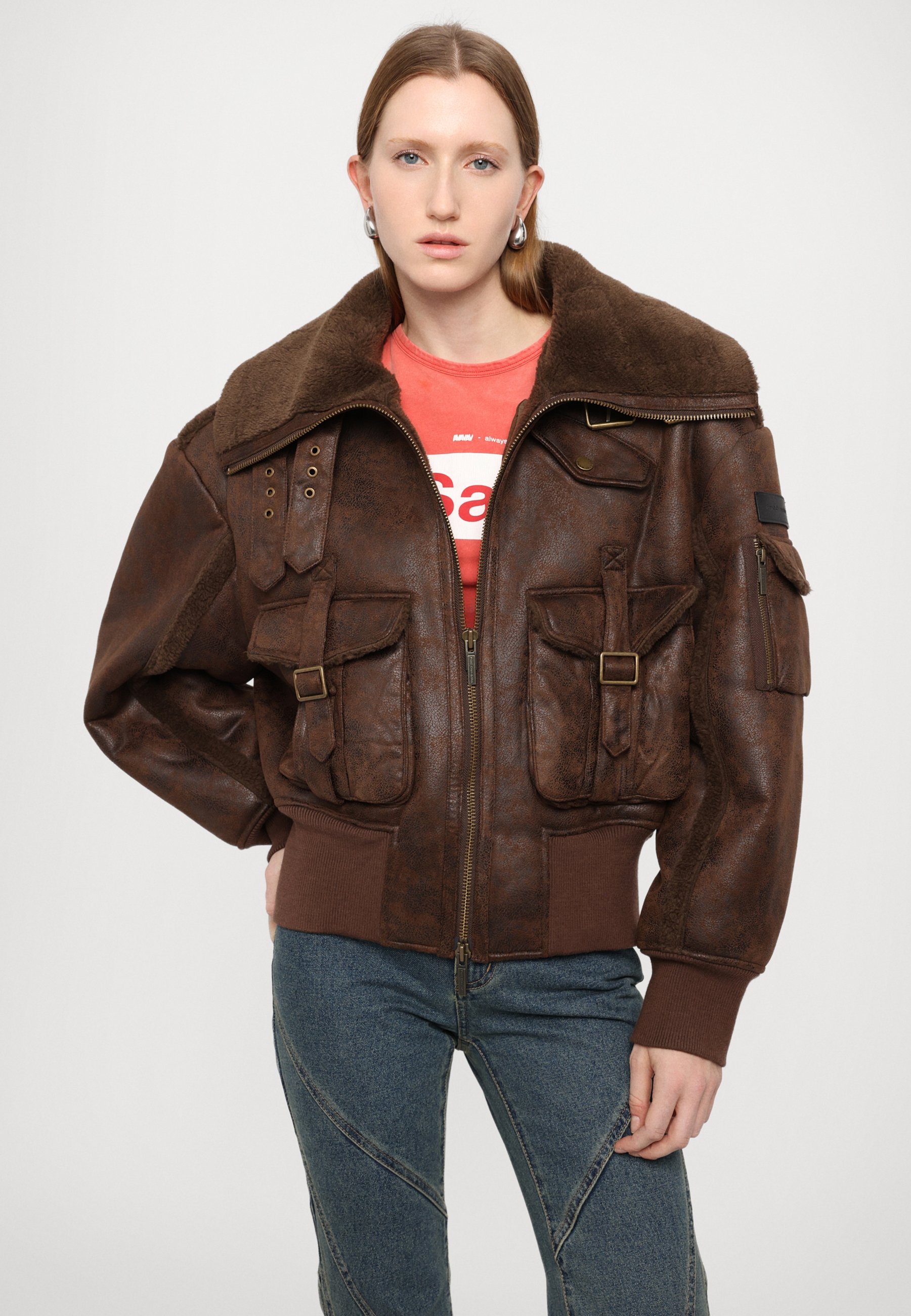 ジャケット・アウター feng chen wang FAUX LEATHER JACKET Feng Chen Wang Brown Zip Faux-Leather Jacket Feng Chen Wang