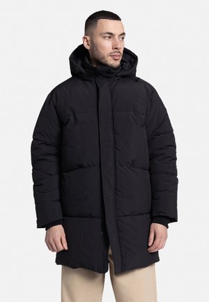 Black puffer coat with a hood, quilted design, button closure, and pockets. Made from a smooth, lightweight material, offering insulation.