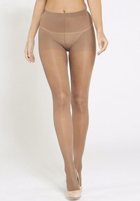 Durchsichtige hautfarbene Strumpfhosen mit hoher Taille, glatter Textur und nahtlosem Design, kombiniert mit nudefarbenen High Heels.