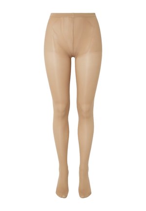 Collants beiges transparents présentés sur un fond blanc, offrant une couverture complète de la jambe de la taille jusqu'aux orteils.