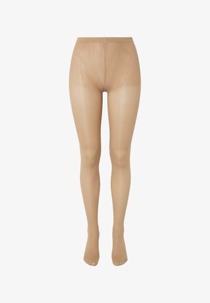 Beige doorzichtige panty, getoond tegen een witte achtergrond, met volledige beenbedekking van taille tot tenen.