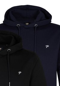 Schwarze und marineblaue Hoodies aus weichem Baumwollmischgewebe, mit Kordeln, Kängurutaschen und einem kleinen weißen Logo auf der Brust.