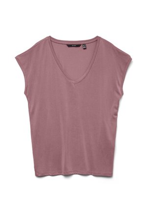 Trumpomis rankovėmis su V formos iškirpte moteriška rausvos violetinės spalvos palaidinė, laisvo silueto, pagaminta iš minkštos medžiagos, be matomų raštų ar papuošimų.