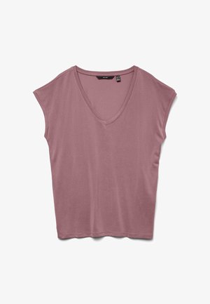 Lillakaspunane lühikeste varrukatega naiste V-kaelusega pluus, mis on lõdva lõikega, pehme kangaga ega sisalda nähtavaid mustreid ega kaunistusi.