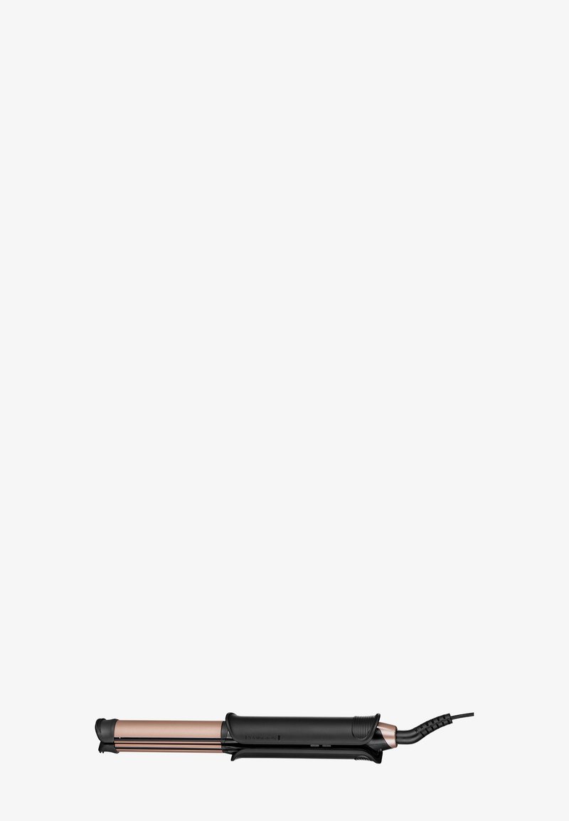 Ferrari di arricciacapelli neri con un design elegante, un tubo rosa oro e una presa testurizzata. Viene fornito con un cavo di alimentazione attaccato.