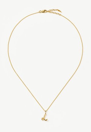 Õrna kuldse ketiga kaelakee, millel on väike kursiivis tähe "L" ripats ja reguleeritav kinnis valgel taustal.