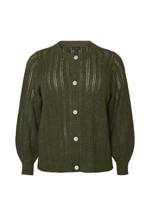 Donkergroene gebreide cardigan met lange mouwen, knoopsluiting aan de voorkant, ronde hals en verticaal opengebreid patroon.